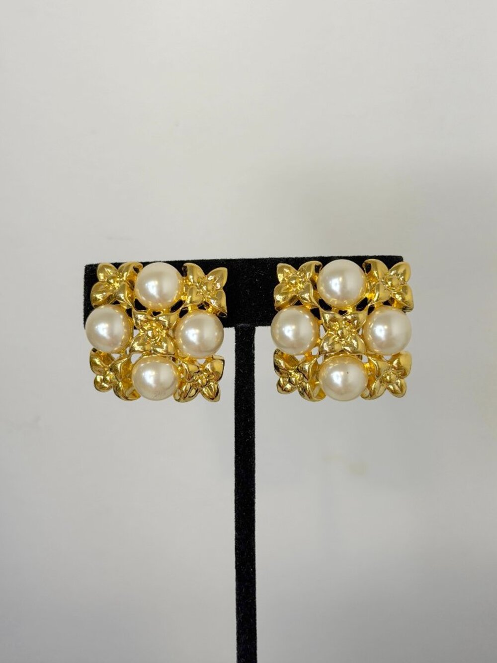 Square Vintage Style Clip Earrings Gold Floral Design with Pearl